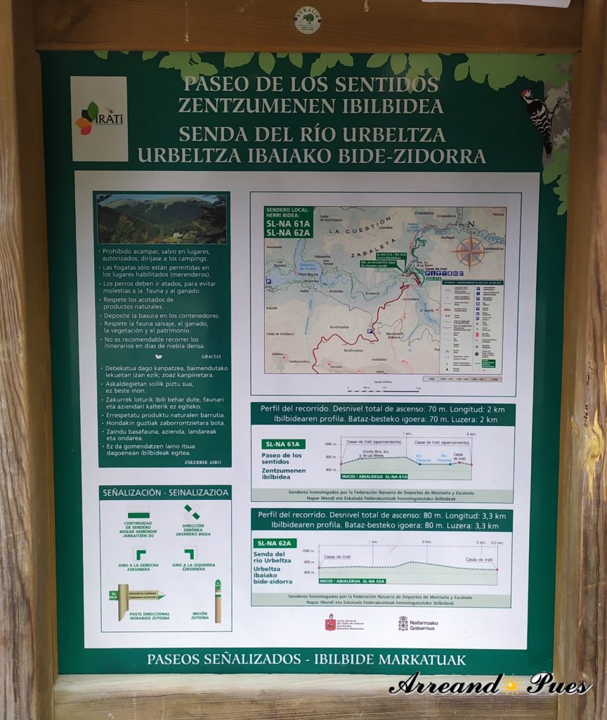 Rutas por la Selva de Irati con Mapa.
Cartel indicativo de la Ruta del paseo de los Sentidos.