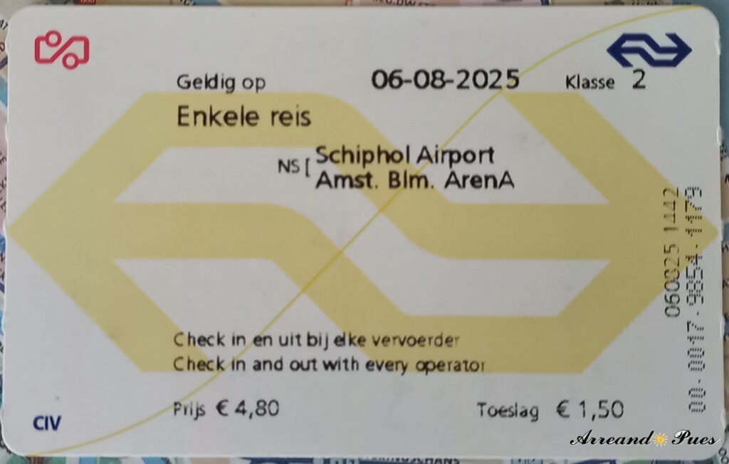 Billete de tren para ir de Schiphol a Ámsterdam. Arreando Pues.