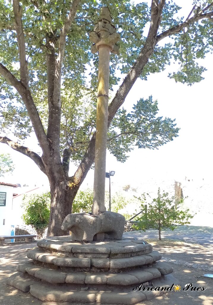 Esta columna o picota descansa sobre la base de una figura de piedra La Porca da Vila que es una escultura zoomorfa de tribus Celtibéricas.